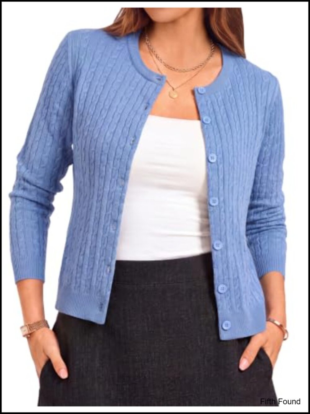 Cable Knit Button Down Cardigan Lightweight Crew Neck Long Sleeve